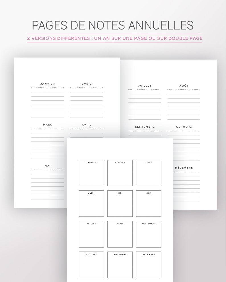 May include: Printable planner pages in French with two different layouts for organizing notes. One layout has a full page for each month, and the other layout has a smaller box for each month on a single page.