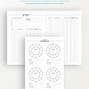 May include: A printable budget planner with a savings tracker and goal setting pages. The planner includes sections for date, designation, deposit, withdrawal, balance, and total balance. The goal setting pages feature pie charts for tracking progress towards financial goals.