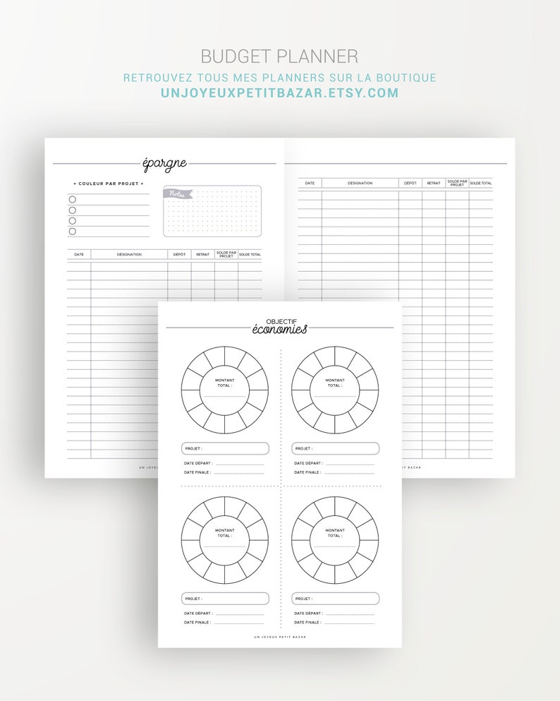 May include: A printable budget planner with a savings tracker and goal setting pages. The planner includes sections for date, designation, deposit, withdrawal, balance, and total balance. The goal setting pages feature pie charts for tracking progress towards financial goals.