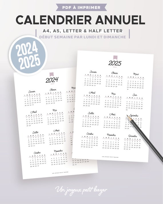 Printable 2024 and 2025 Annual Calendar, Refill to Print in French for  Planner A5 and A4 Format, Notes Page for Annual Overview 