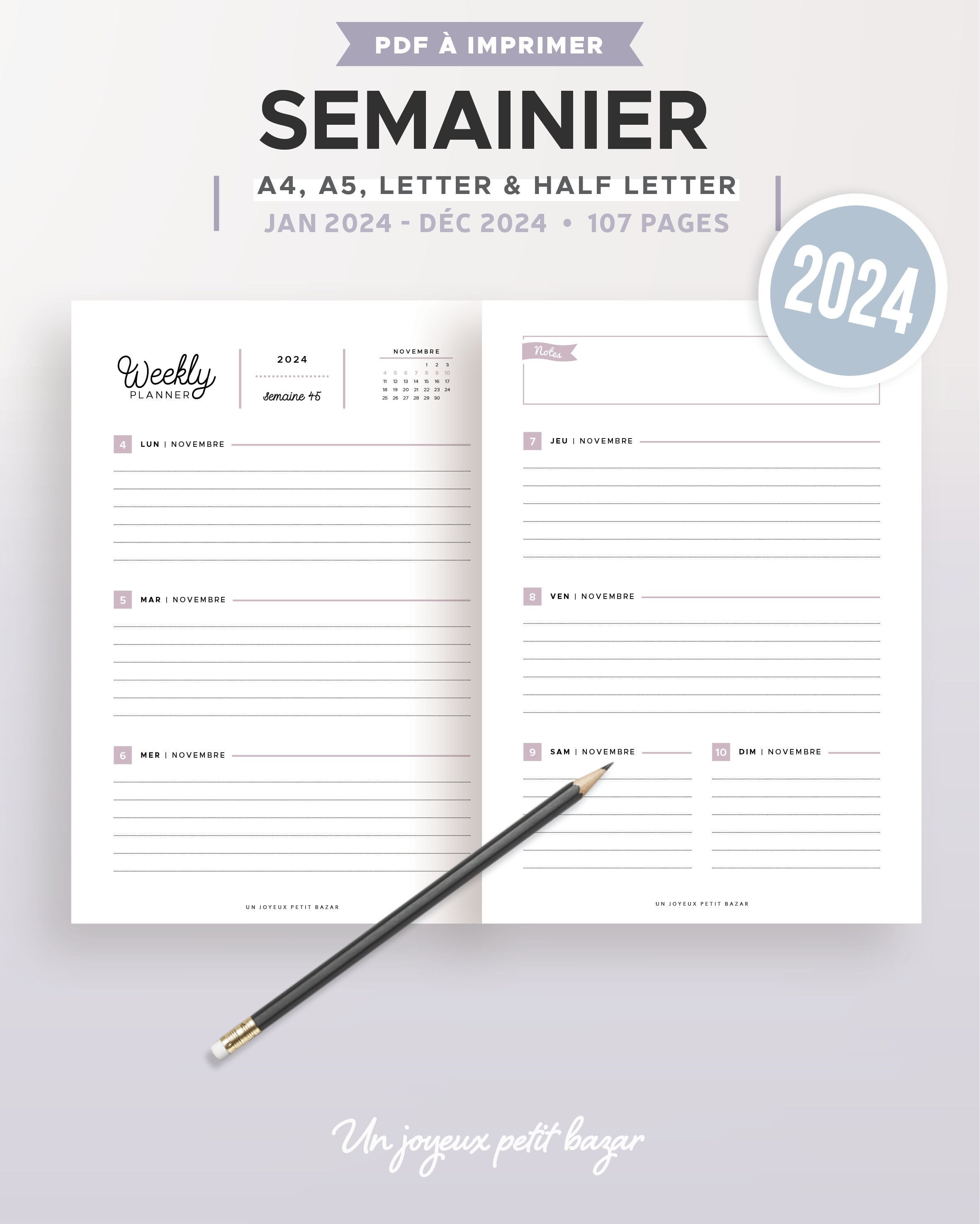 Planner Semainier - 28 x 20 - 52 feuilles détachables - Calendrier