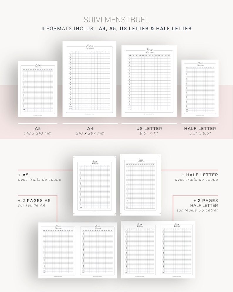 Menstrual tracker to print to note ovulation cycles and periodic cycles, page in French for bullet journal or planner A5 & A4 image 3