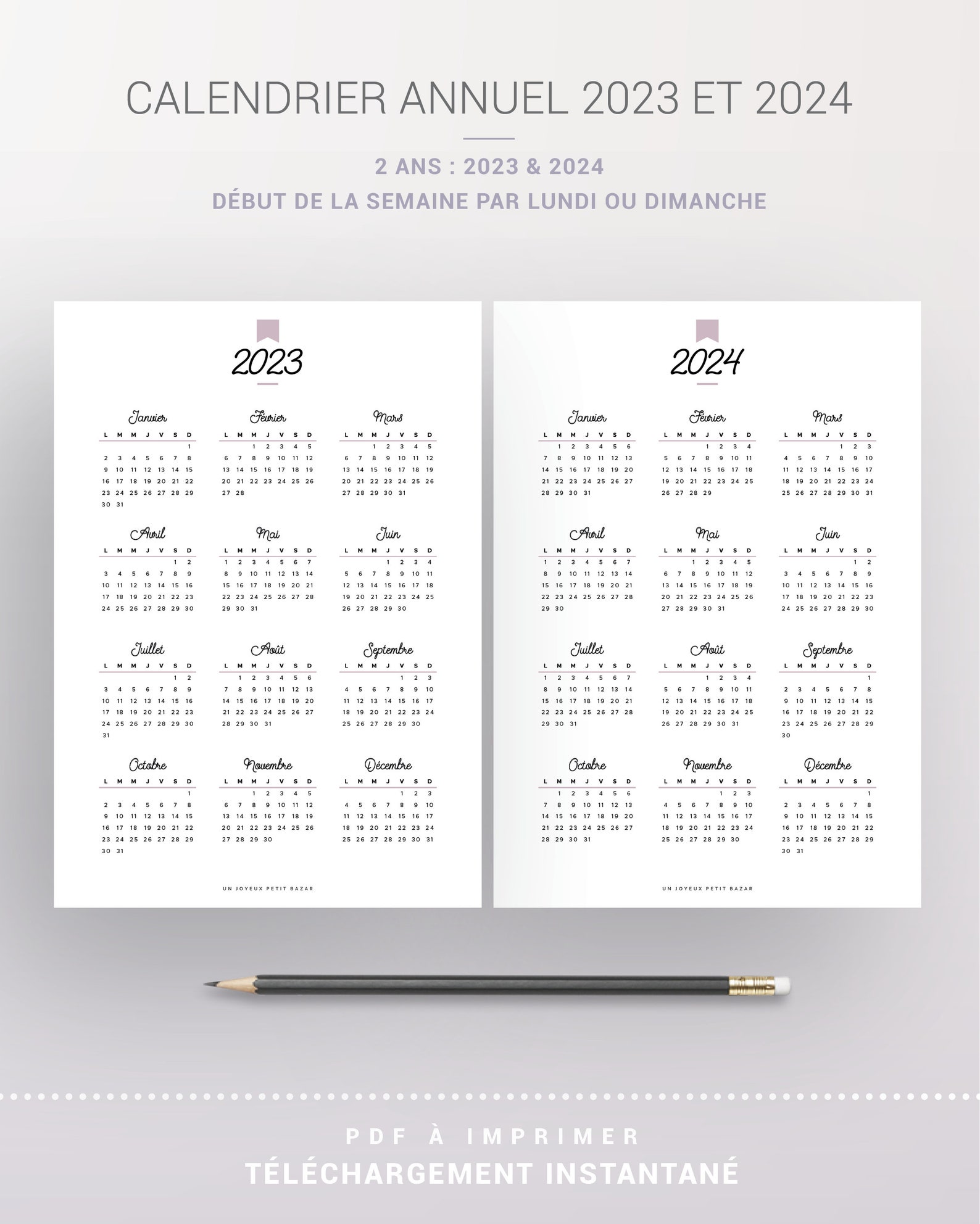 Calendrier annuel 2023 et 2024 imprimable recharge à imprimer | Etsy