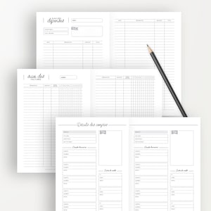 May include: A black and white budget planner with sections for tracking expenses, bills, and account details. The planner includes sections for "Suivi des D&eacute;penses", "Suivi des Factures", and "D&eacute;tails des Comptes".