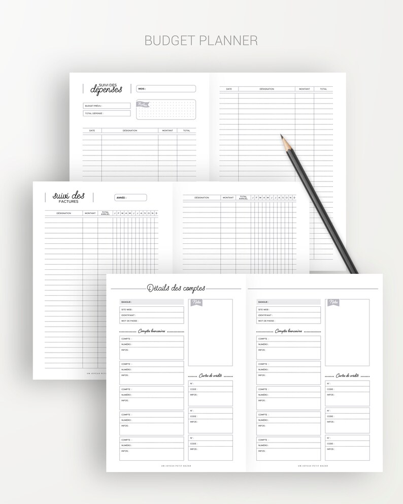 May include: A black and white budget planner with sections for tracking expenses, bills, and account details. The planner includes sections for "Suivi des D&eacute;penses", "Suivi des Factures", and "D&eacute;tails des Comptes".
