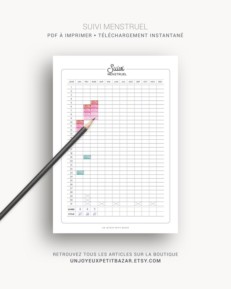 Suivi menstruel à imprimer pour noter les cycles d'ovulation et cycles périodiques, page en français pour bullet journal ou planner A5 & A4 zdjęcie 2