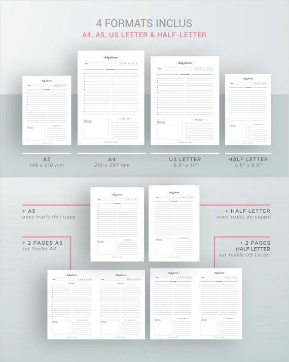 Printable 2024 Daily Planner Dated in French for A4 and A5 Agenda Refill,  Insert With Program, Objective, Menu 