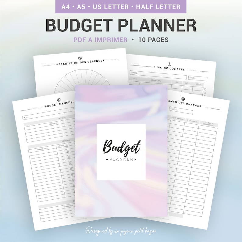 May include: A printable budget planner with a holographic background. The planner includes pages for monthly budget, expense tracking, and expense allocation.