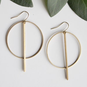 Raw Brass Circle & Line Past Edge Earrings / Slender Rectangle Minimalist Lightweight Contemporary Bold Big Little Cyber Monday Weekend Sale