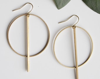 Raw Brass Circle & Line Past Edge Earrings / Slender Rectangle Minimalist Lightweight Contemporary Bold Big Little Cyber Monday Weekend Sale
