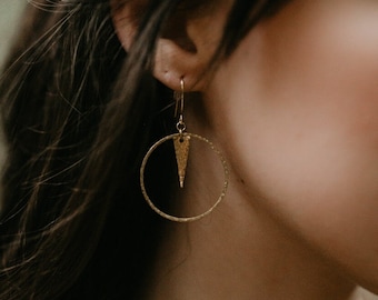 Hammered Brass Hoop and Triangle Earrings / Handmade Handcrafted Jewelry Pretty Geometric Lightweight Gift for Her Birthday Present Deal