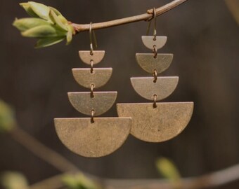 Stacked Half Moon Raw Brass Earrings / Handmade Dangle Boho Modern Gift for Her New Gold Circle Trending Titanium Ear Hooks Sensitive Ears