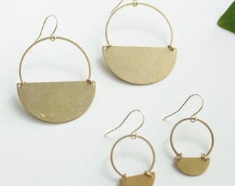 Brass Half Moon and Circle Hoop Luna Dangly Earrings / Large Small Dainty Minimalist Contemporary Statement Black Friday Small Business Sale