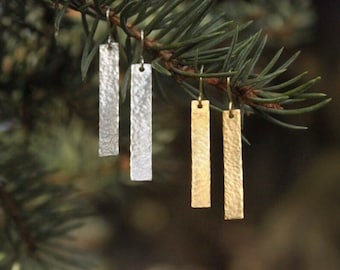Hammered Brass or Hammered Sterling Silver Minimalist Long Rectangle Dangle Earrings / Lightweight Simple Dainty Handmade in the USA America