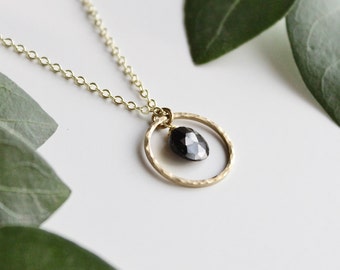 Black Onyx and Hammered Brass Circle Pendant Necklace / 14 K Gold Plated Chain 18 inch Dainty Minimalist Holiday Christmas Party Cyber Sale