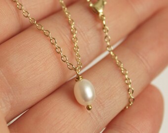 Simple Freshwater Pearl Necklace / 14k Gold Plated Chain or Fine Silver Plated Chain Dainty Minimalist Pendant Small Business Saturday Sale