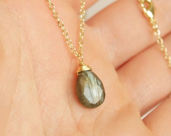 Simple Labradorite Faceted Teardrop Briolette Pendant Necklace / Minimalist Delicate Popular One of a kind Real Gold Fine Sterling Silver