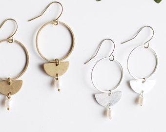 Freshwater Pearl and Sterling Silver or Hammered Brass Hoop and Half Circle Dangle Earrings / Black Friday Cyber Weekend Sale Small Business