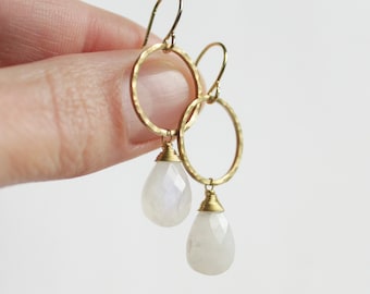 Rainbow Moonstone Earrings with Sterling Silver or Hammered Brass Circle Hoops / Minimalist Delicate Gold Black Friday Cyber Monday Sale