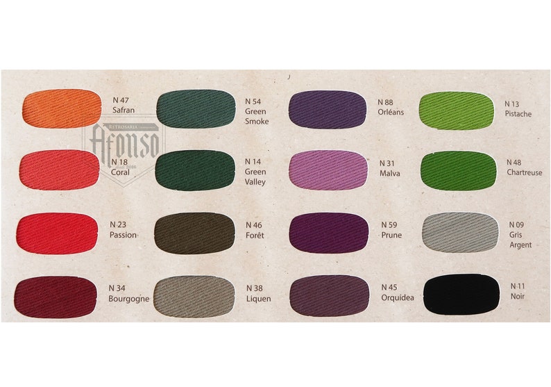 May include: A color chart with 18 fabric swatches, each labeled with a number and a color name in French. The chart is titled "Afonso" and is a guide to different colors of fabric.