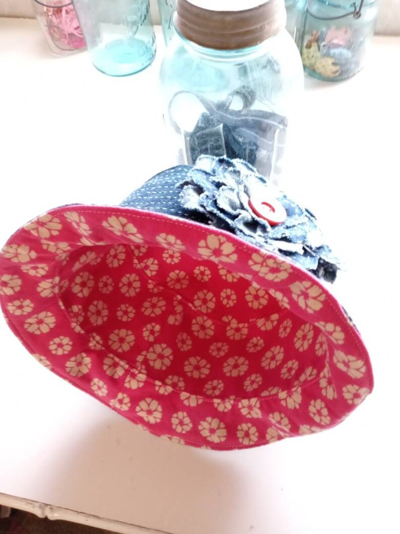 22 34/'/'. Upcycle jeans flower girl sashiko bucket hat size 22 12/'/'