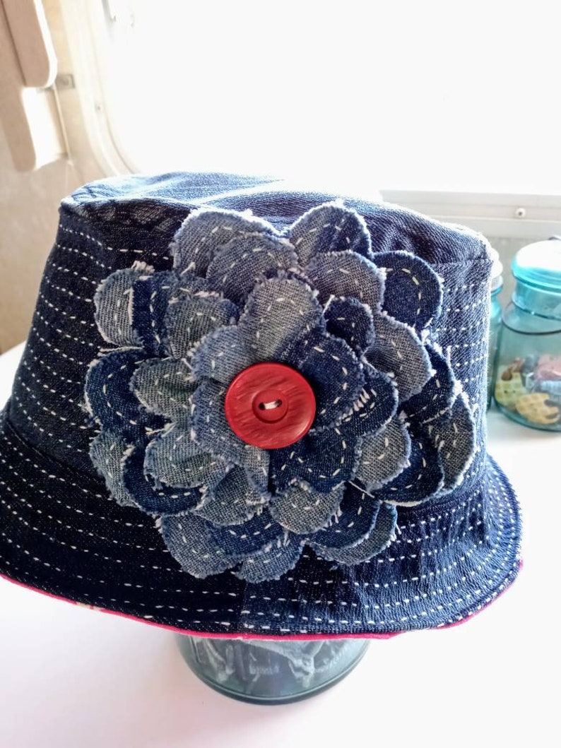 22 34/'/'. Upcycle jeans flower girl sashiko bucket hat size 22 12/'/'