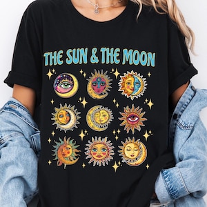 The Sun And The Moon Beautiful Graphic Tee, Hippie Retro Vintage, Psychedelic Celestial Top, Trippy Faces, Whimsigoth, Crescent Moon Stars