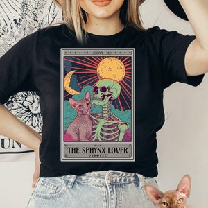 Vaporwave Sphynx Cat Tarot Card Shirt, Cute Sphynx Shirt, Dark Aesthetic Skull Sphynx Lover Tee, Whimsigoth Cat Mom, Bald Cat Owner Gift
