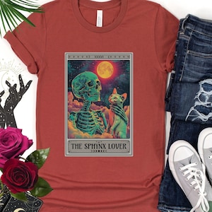 Vaporwave Sphynx Cat Tarot Card Shirt, Cute Sphynx Shirt, Dark Aesthetic Skull Sphynx Lover Tee, Whimsigoth Cat Mom, Bald Cat Owner Gift