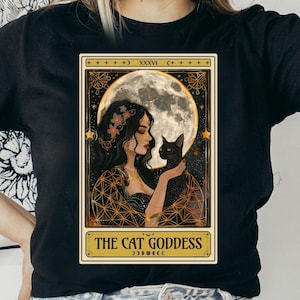 Chemise carte tarot déesse chat, chemise chat noir sorcière, esthétique sombre, chemise gothique magie céleste, lune sorcière, cadeau animal totem esprit