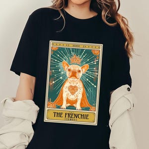 Französische Bulldogge Tarot Karte Shirt, süßes Frenchie Shirt, Türkis und Orange, Vintage Herz, Witchy Boho Hippie Hund Mutter, Mid Century Ästhetik