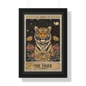Gerahmte Vintage Tiger Tarot Karte Kunstdruck, Schöne Whimsigoth Wandkunst, Spirit Animal Art, Witchy Wanddekoration, Boho Floral, trendige Wandkunst
