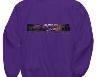 Montana is where i call home apparel, purple watercolor moon mountains, montana filled words