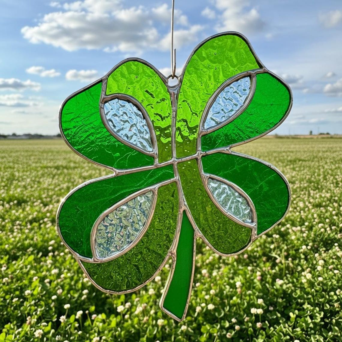 Hand Made Stained Glass Sun Catcher Four Leaf Clover Window St Patrick ...