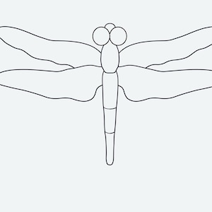 May include: A black and white line drawing of a dragonfly. The insect features two large circular eyes, a segmented body, and four symmetrical wings with smooth, rounded edges. The design is presented as a simple, clean outline illustration.