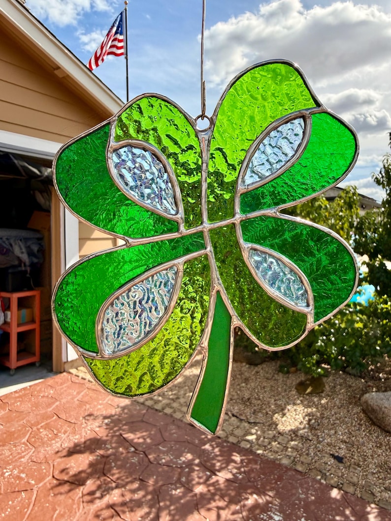 Hand Made Stained Glass Sun Catcher Four Leaf Clover Window St Patrick ...