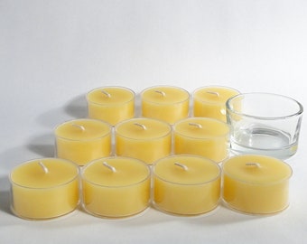 100% Pure Raw Beeswax Tea Lights Candles Organic Hand Made (Pack of 10) and 1 Glass Tealight Holder