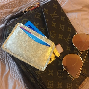 Personalised leather soft gold card holder.
