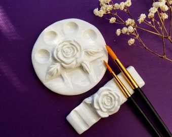 Round Rose Non Ceramic Paint Palette with Brush Rest for Artist | 7 Well | SET-001ROSE