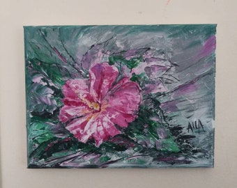 Pink Hibiscus Acrylic painting on the stretched canvas 9×7 inches or 42×18cm Original