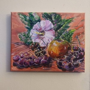 Orange Acrylgemälde auf Leinwand 10×8inches oder 25×20cm Stillleben Hibiskus Apfel und Trauben original