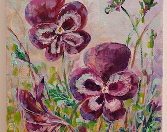 Violet Pansies -- A small, original, 6" x 8" acrylic painting on canvas, beautiful flowers