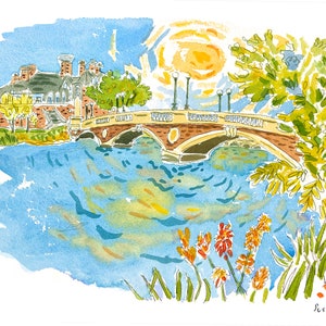 May include: A watercolour painting of a brick bridge over a blue river with a building in the background. The sun is shining brightly in the sky and there are trees and flowers on the banks of the river.