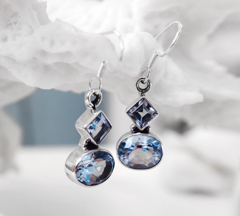Blue topaz earrings silver natural gemstone earrings wedding bridesmaids gift November birthstone geometric boho