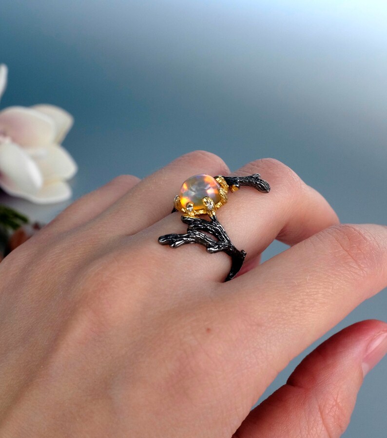 branch nature ring statement birthday gift Fire opal rings for women black silver jewelry birthday gift for her rainbow opal
