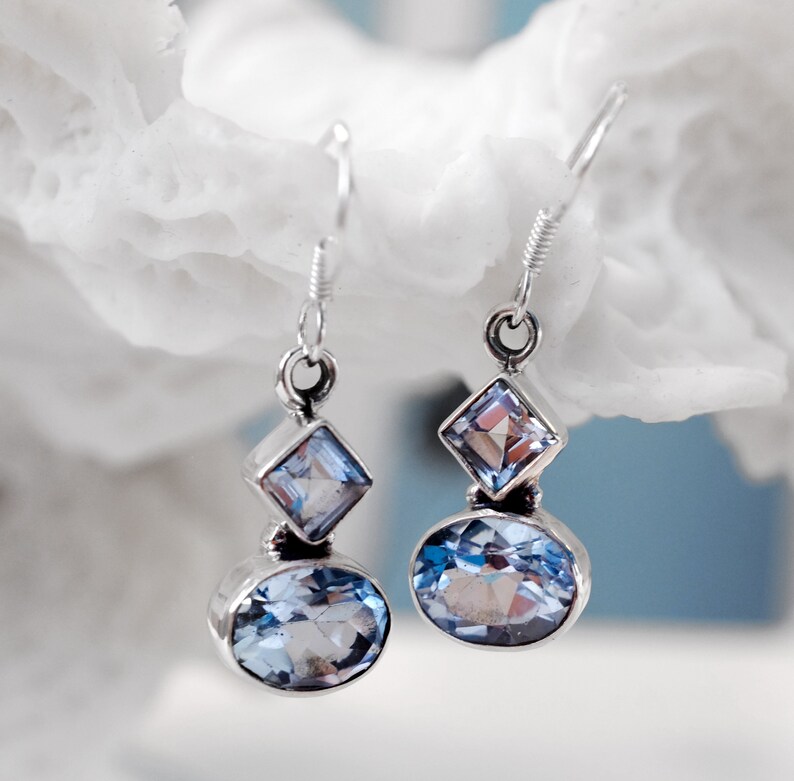 Blue topaz earrings silver November birthstone geometric boho natural gemstone earrings wedding bridesmaids gift