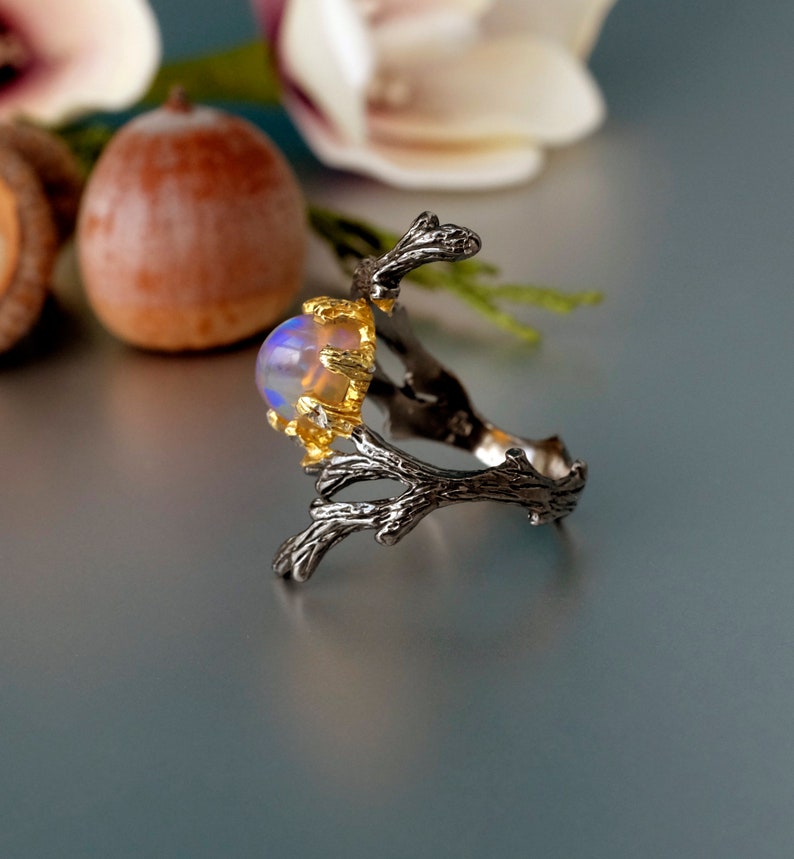 branch nature ring statement birthday gift Fire opal rings for women black silver jewelry birthday gift for her rainbow opal