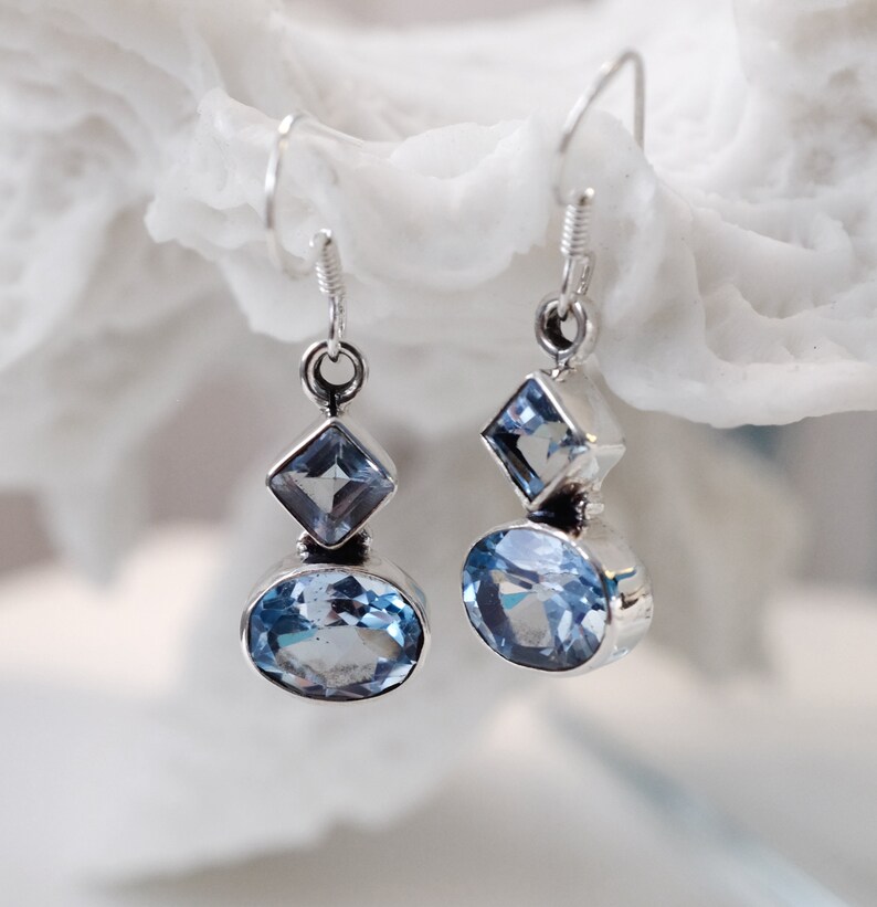 Blue topaz earrings silver natural gemstone earrings wedding bridesmaids gift November birthstone geometric boho