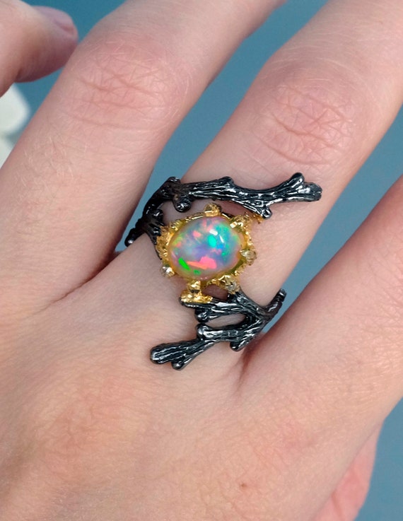 branch nature ring statement birthday gift Fire opal rings for women black silver jewelry birthday gift for her rainbow opal