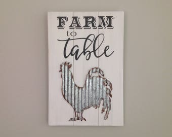 Farm to Table sign rooster sign tin rooster sign farmhouse decor farmhouse sign chicken sign tin chicken sign chicken decor kitchen decor